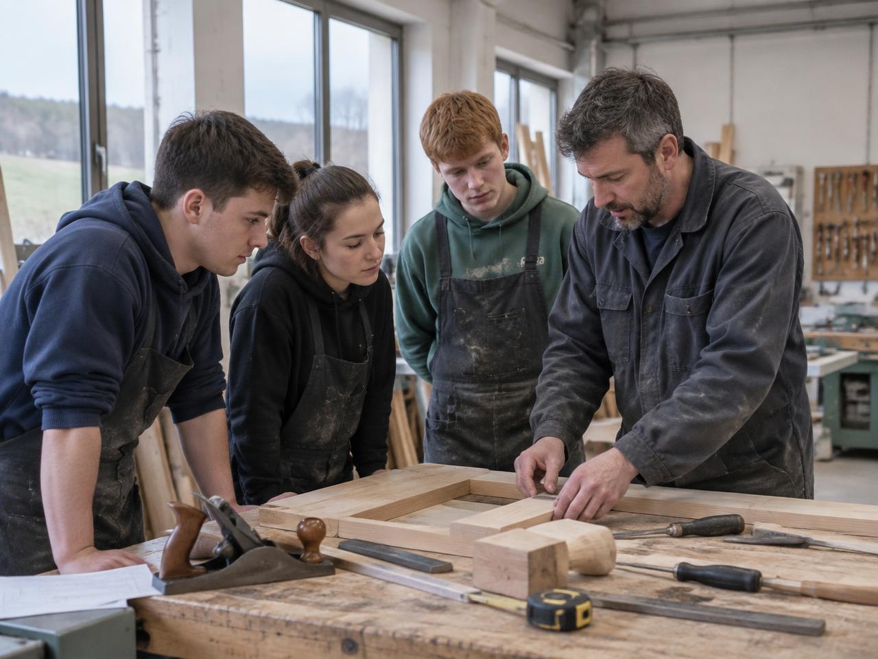 Apprentices working alongside an experienced tradesperson in a workshop